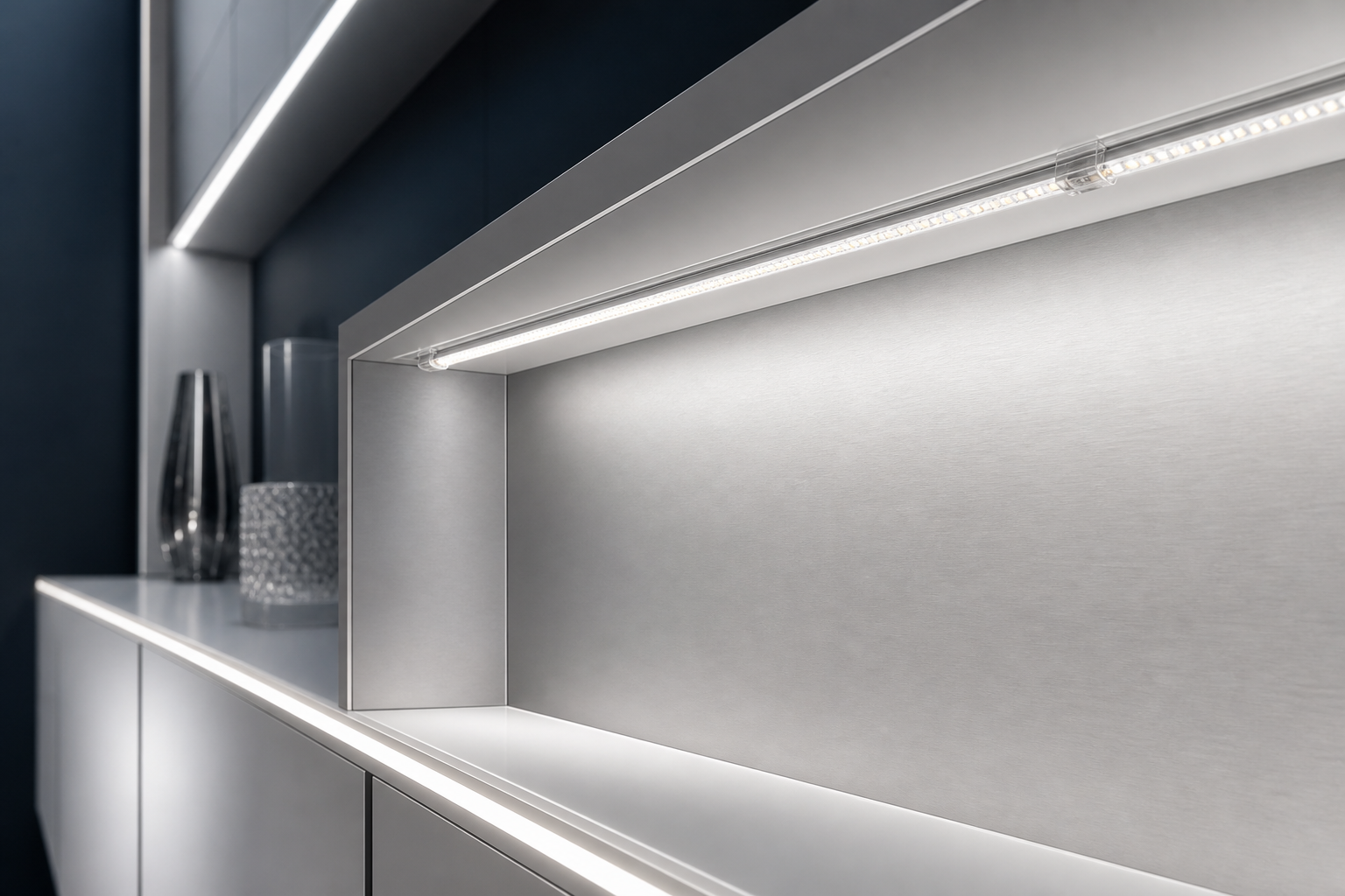 Linear LED lighting integrated into modern cabinetry