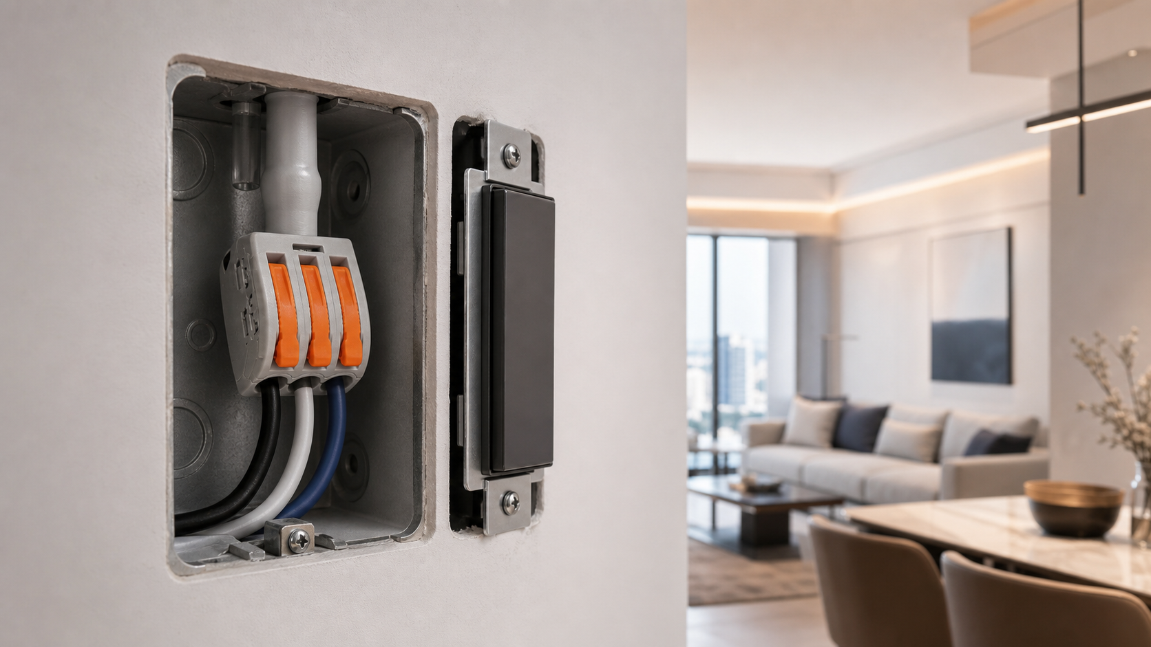 Lever connector installed in a residential wall box
